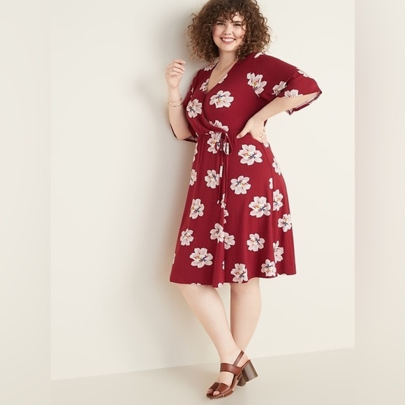 Old Navy Fit & Flare Faux-Wrap Midi Dress V-Neck 3/4 Sleeve 2X - Picture 1 of 14